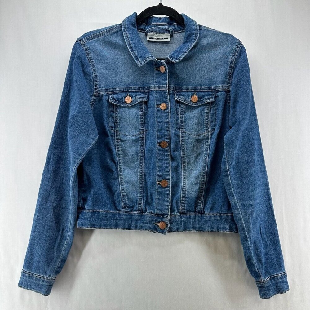 Noisy may Jacket Womens Sz M Denim Trucker Button Front Long Sleeve Stretch Blue